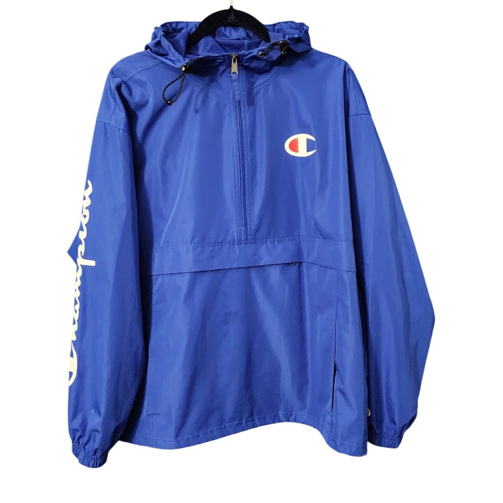 Champion Mens Packable Anorak Windbreaker Blue Half Zip Hooded Jacket, L